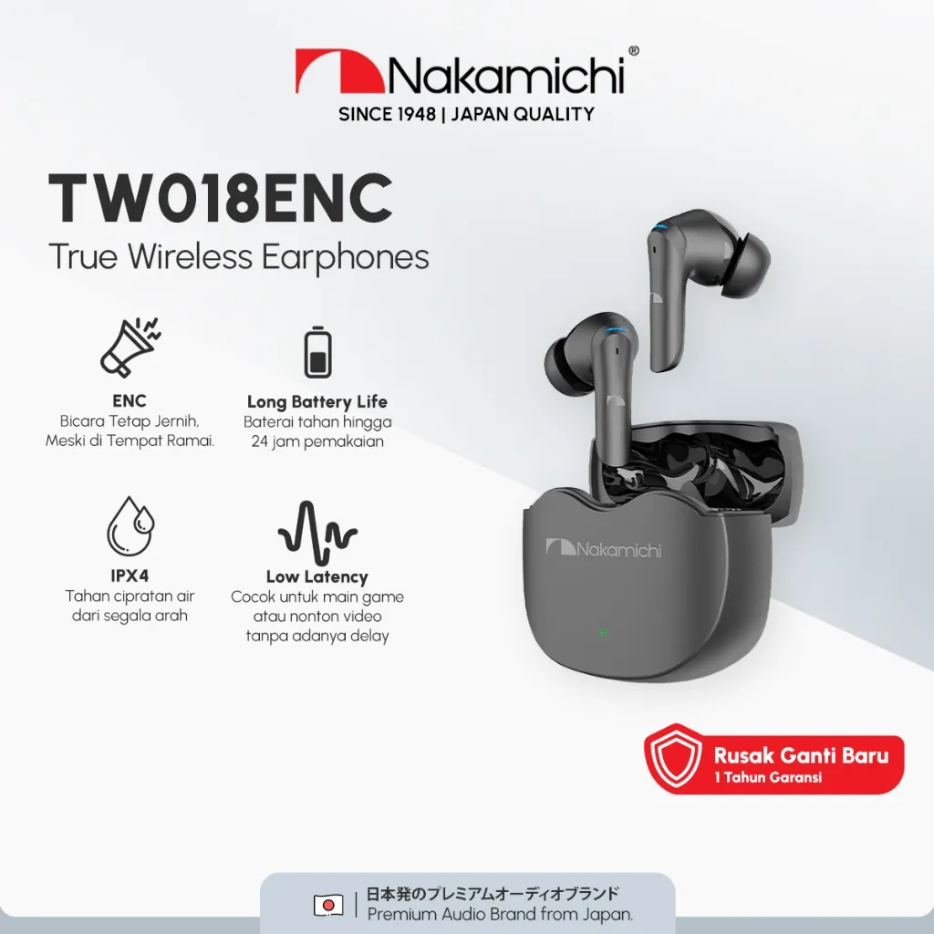Nakamichi TW018 ENC TWS Earphone Full Bass Earbuds Bluetooth IPX4 Anti Keringat