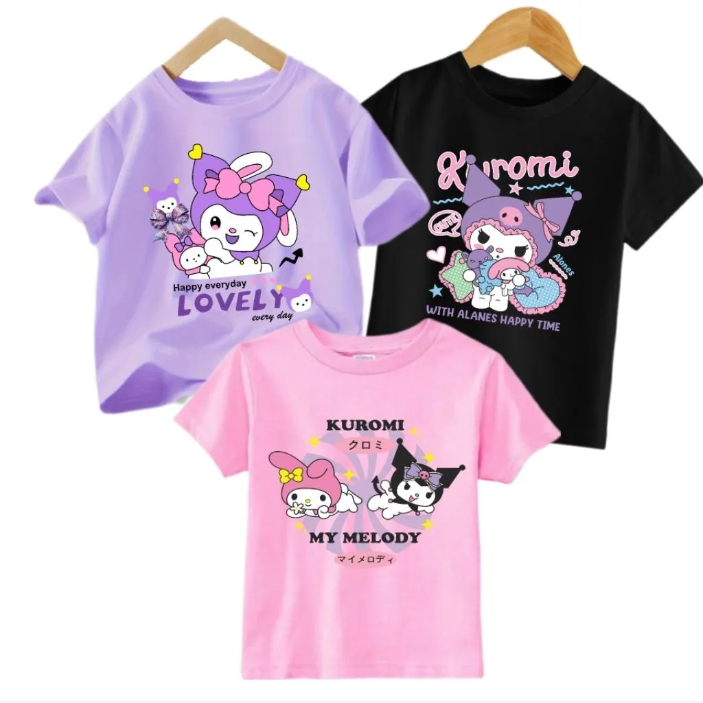 Paket Hemat 3 Pcs Kaos Anak Perempuan Motif Kuromi Cinnamoro