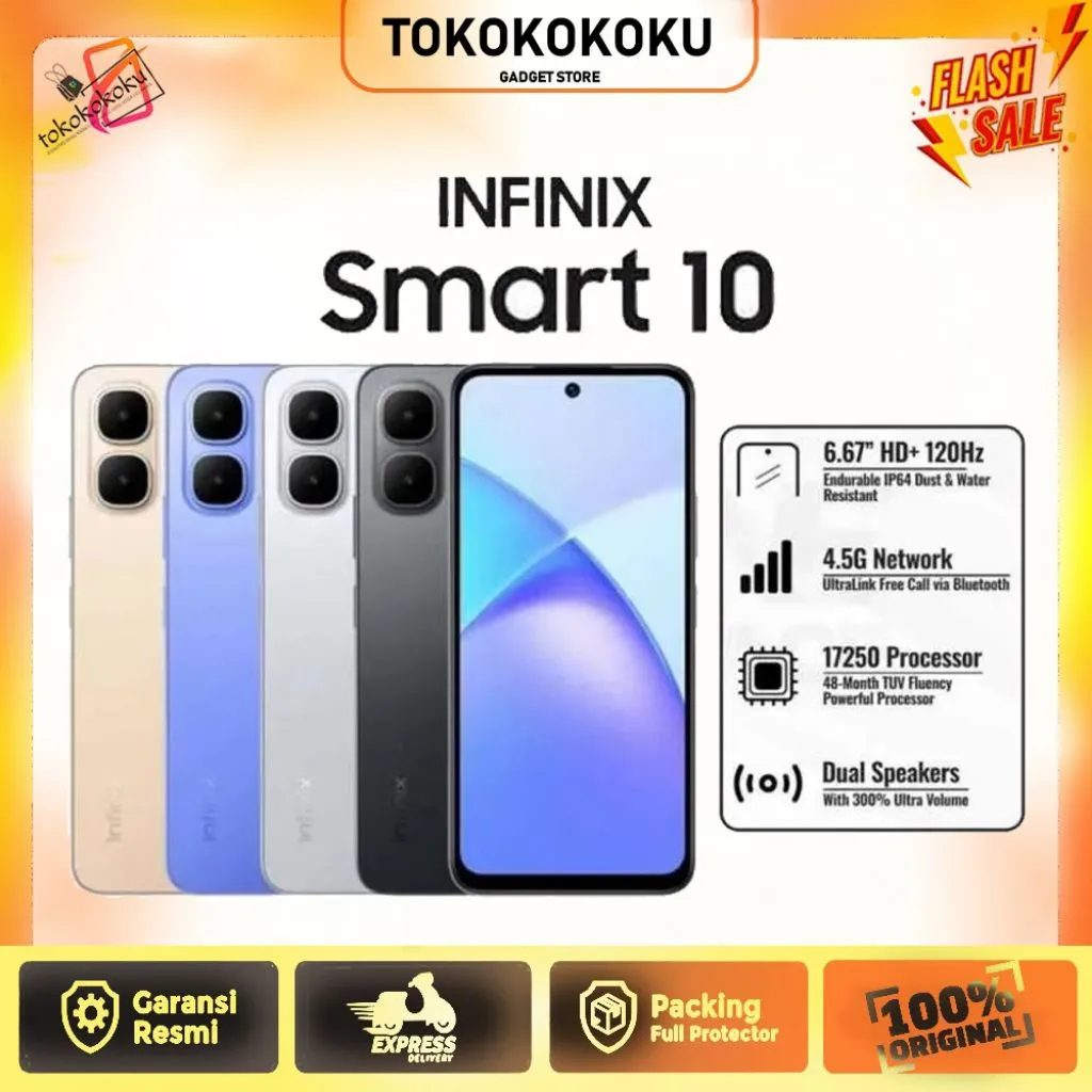 Infinix Smart 10 ram 4/64GB & 4/128GB | Processor Unisoc T7250 XOS15.1 Android 15 | 6.67inch 120Hz + IP64 | battery 5000mAh + support 15W flashcharger | One-Tap Infinix AI, 300% Ultra Volume