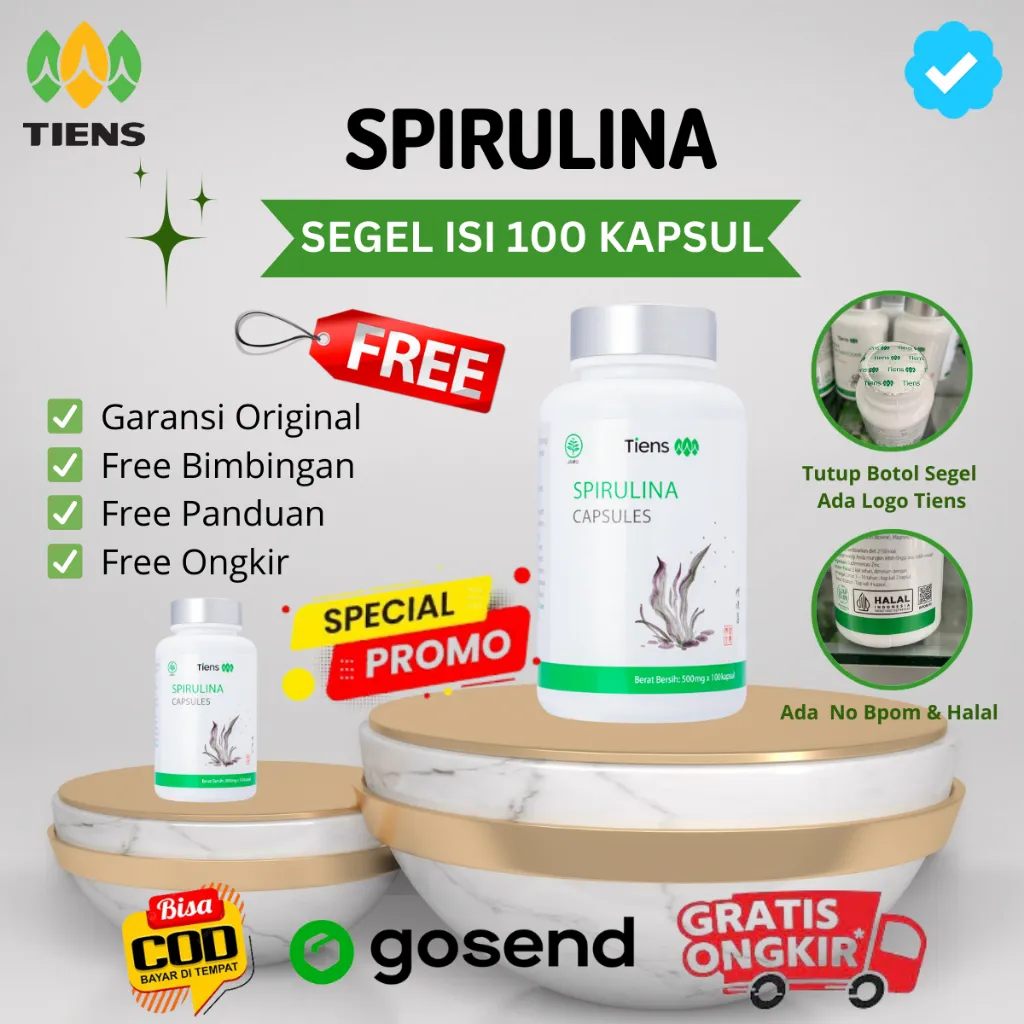Spirulina Tiens Original 100% 1 Botol 100 Kapsul Segel Halal Bpom