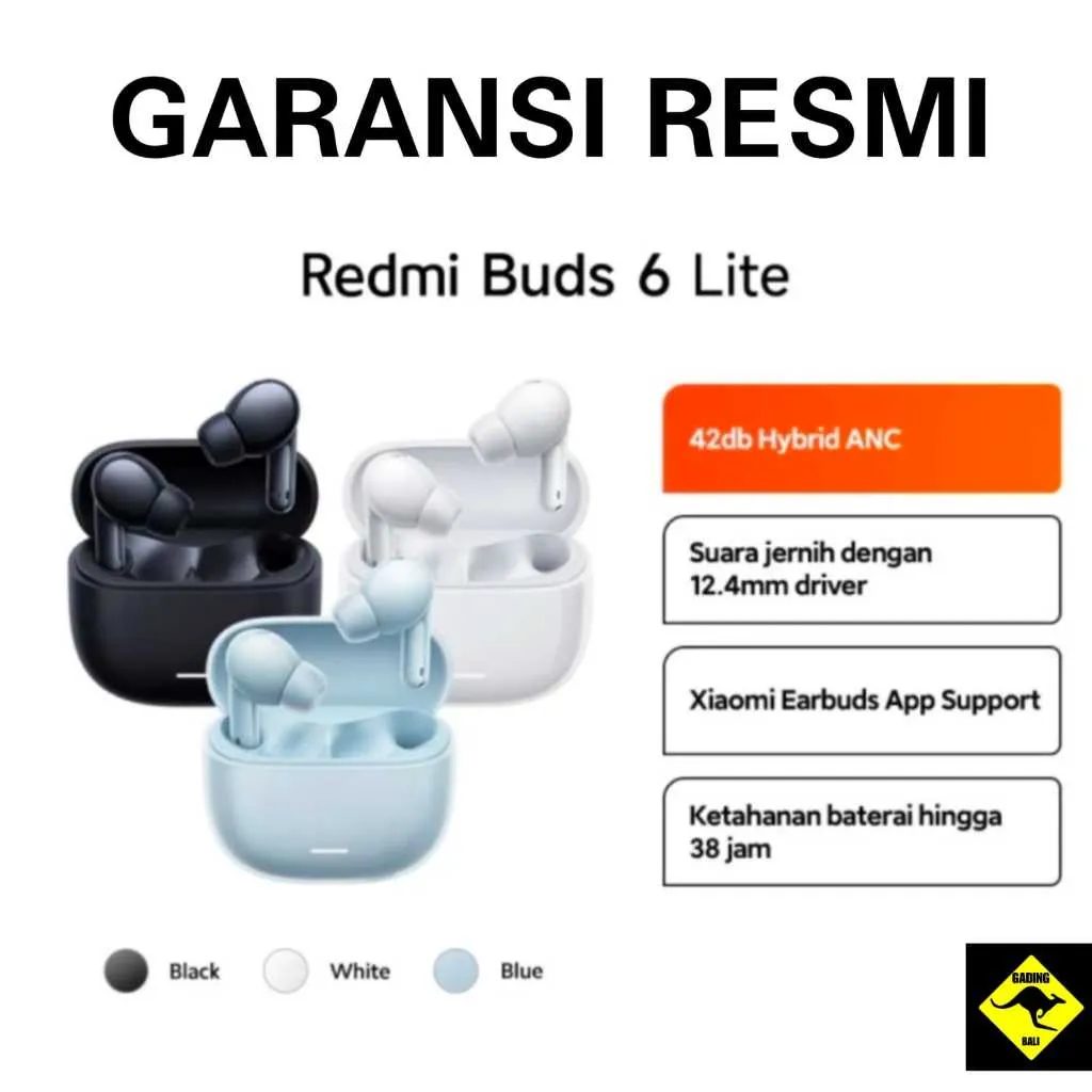 Xiaomi Redmi Buds 6 Lite | Baterai hingga 38 Jam | 42db Hybrid ANC | Suara jernih 12.4mm driver | AI Noise Cancellation garansi resmi