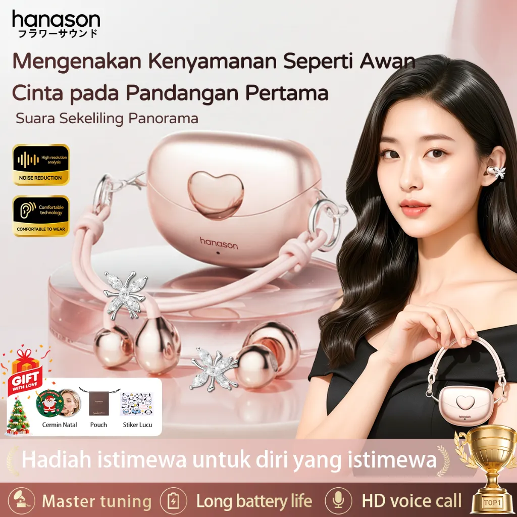 Hanason Ear Clip Bluetooth 6.0 Earphone Open Ear OWS Headset with Mic for Work ENC Hifi Stereo Earbuds Gaming Wireless IPX5 Waterproof Hadiah Ulang Tahun Kirim Tali Pengikat - ClipAir02
