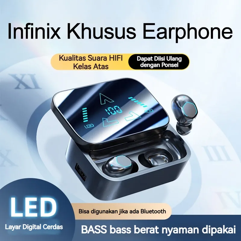 Infinix Khusus Headset Bluetooth Wireless TWS 2026 - Baterai Bisa Cas HP, LED Digital Display, Bluetooth 5.3 Earphone, Noise Cancelling, dan Tahan Lama Cocok untuk Game