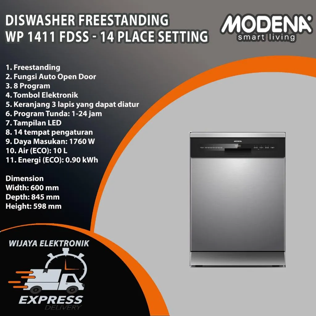 MODENA WP 1411 FDSS - Diswasher Freestanding 60cm dengan 14 Place Setting Bergaransi Resmi / Mesin cuci Piring Modena Wp1141Fdss