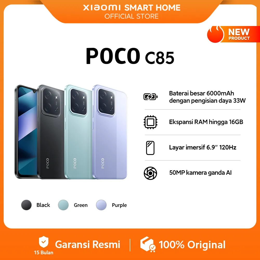 POCO C85 (6/128 GB) (8/256 GB) Baterai besar 6000mAh dengan pengisian daya 33W | Ekspansi RAM hingga 16GB | Layar imersif 6.9" 120Hz | 50MP kamera ganda AI [Official Store]
