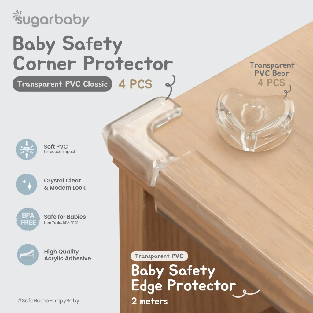 Sugarbaby Baby Safety Edge & Corner Protector Transparant PVC | Pelindung Sudut Siku Meja Pengaman Untuk Bayi BPA Free