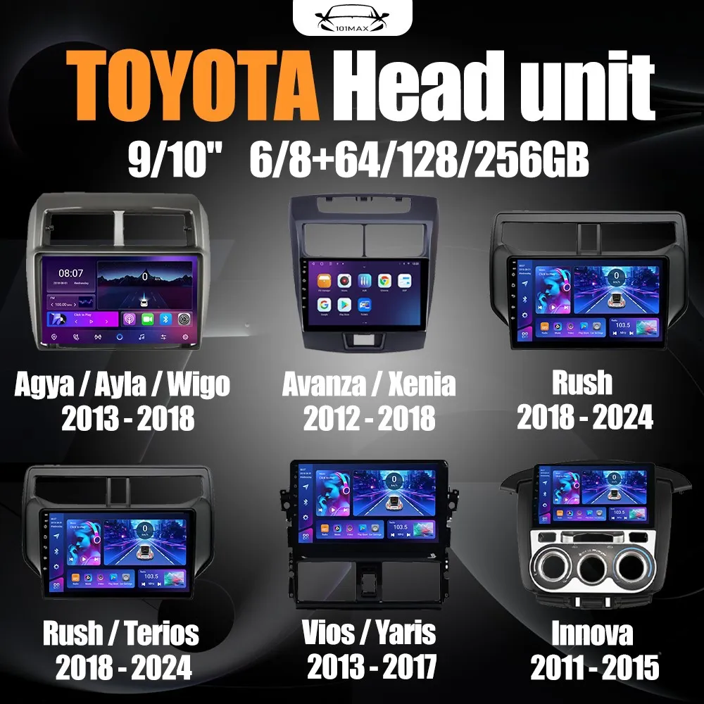 Toyota Head Unit 8 Chip Nuklir 8+64GB/8+128GB Android15 Head Unit Android 9 inch Avanza Xenia Rush Terios Vios Yaris Innova Hilux Calya Support WiFi GPS Carplay IPS Screen Navigasi 1080p AHD Kamera Mundur