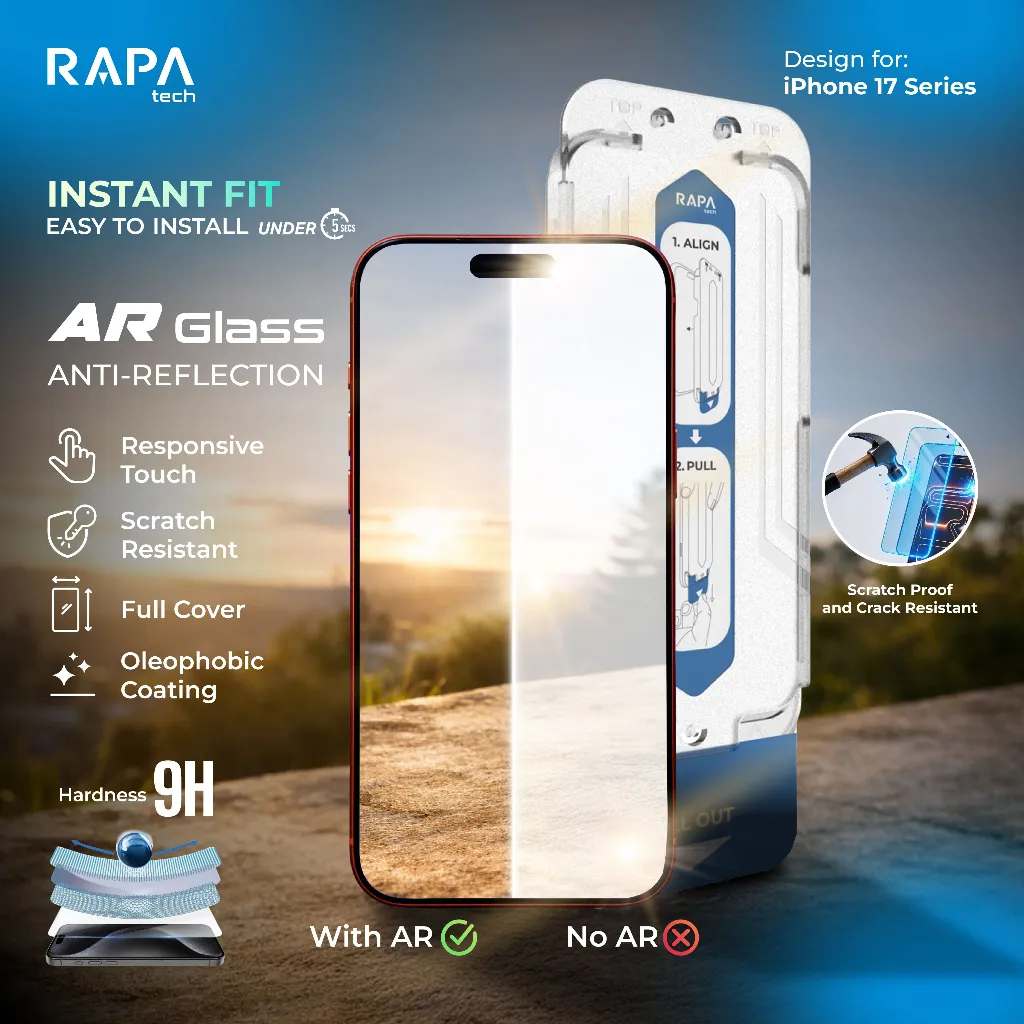 [AR Series] RAPA Tech Premium Tempered Glass Instant Fit - Anti Reflective Glass Tanpa List Hitam For iPhone 17 / 17 Pro / 17 PM / 16 PM/ Pro /16/ 15 Easy Installation in 5 secs 9H Protection-20