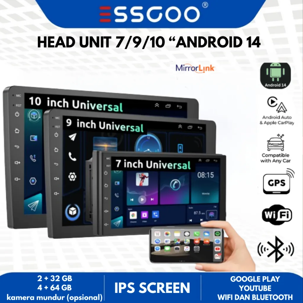 ESSGOO Head Unit Android 14 4GB+64GB 7/9/10 Inch 2Din Wifi GPS Wireless Carplay Bluetooth Universal