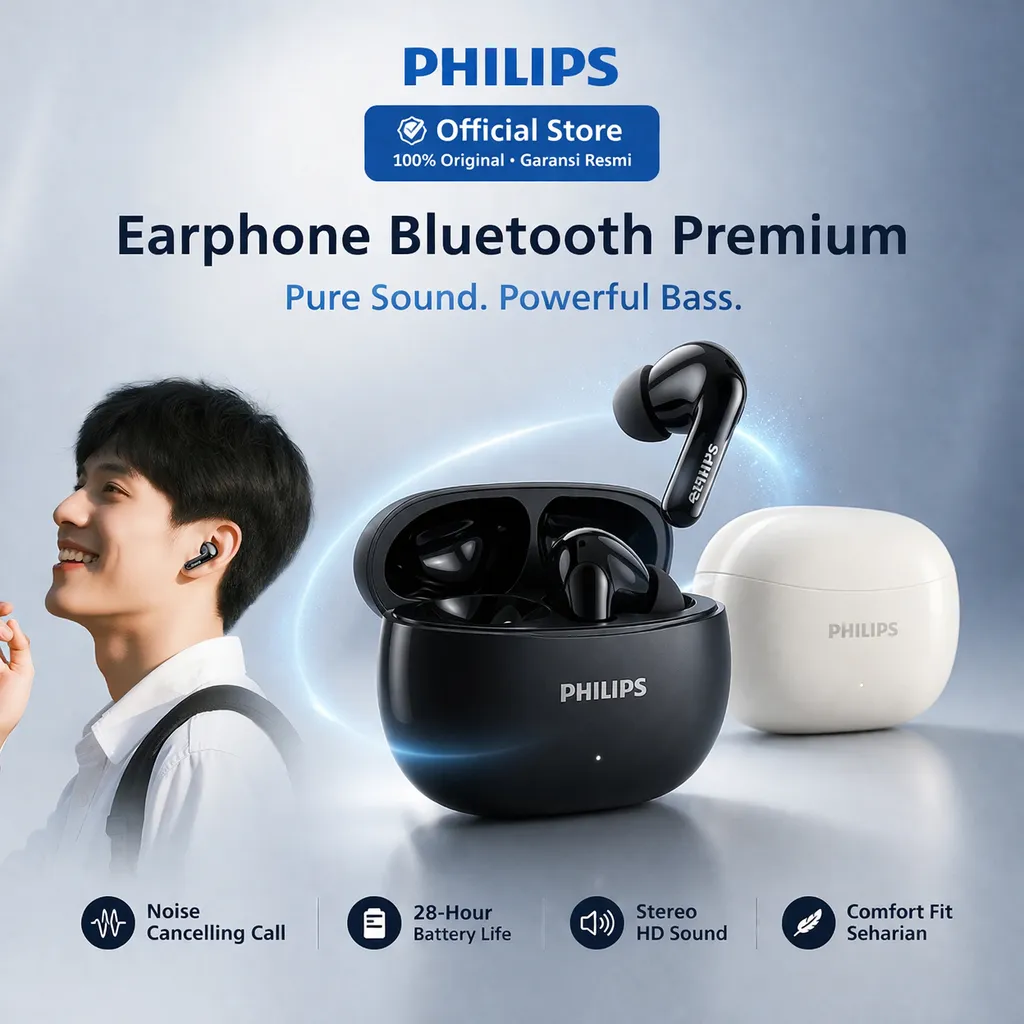 Philips TWS True Wireless Earphone Earbuds Bluetooth 6.0 28H Play Time DNC Noise Reduction IPX5 Punchy Bass Headset Bluetooth - TAT1320