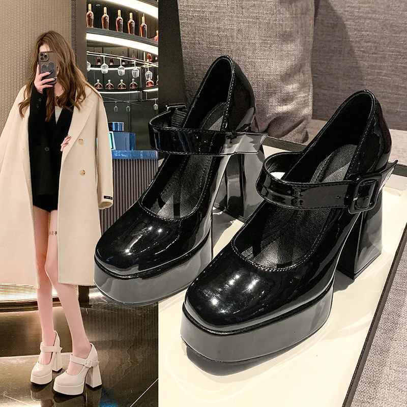 Sepatu High Platform Heels Wanita Mary Jane Hak Tahu Tinggi Fashion Elegan Formal Pesta Pernikahan Weding Kerja Casual Korean Style Premium Import Tali Gesper Kekinian Chunky Shoes - Ukuran 34 35 36 37 38 39 40