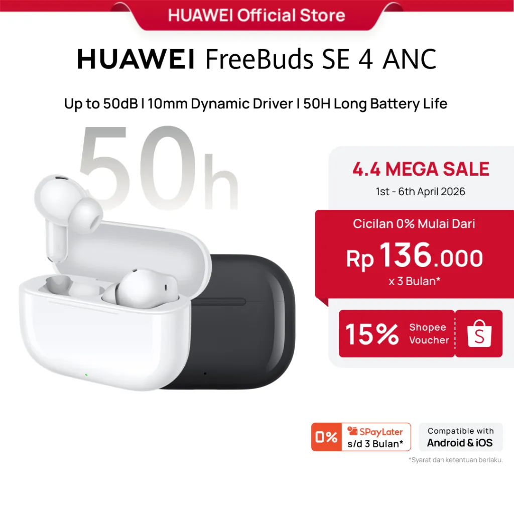 [4.4 Voucher s/d 15%] HUAWEI FreeBuds SE 4 ANC TWS  l Up to 50dB l 10mm Dynamic Driver | 50H Long Battery Life l IP54