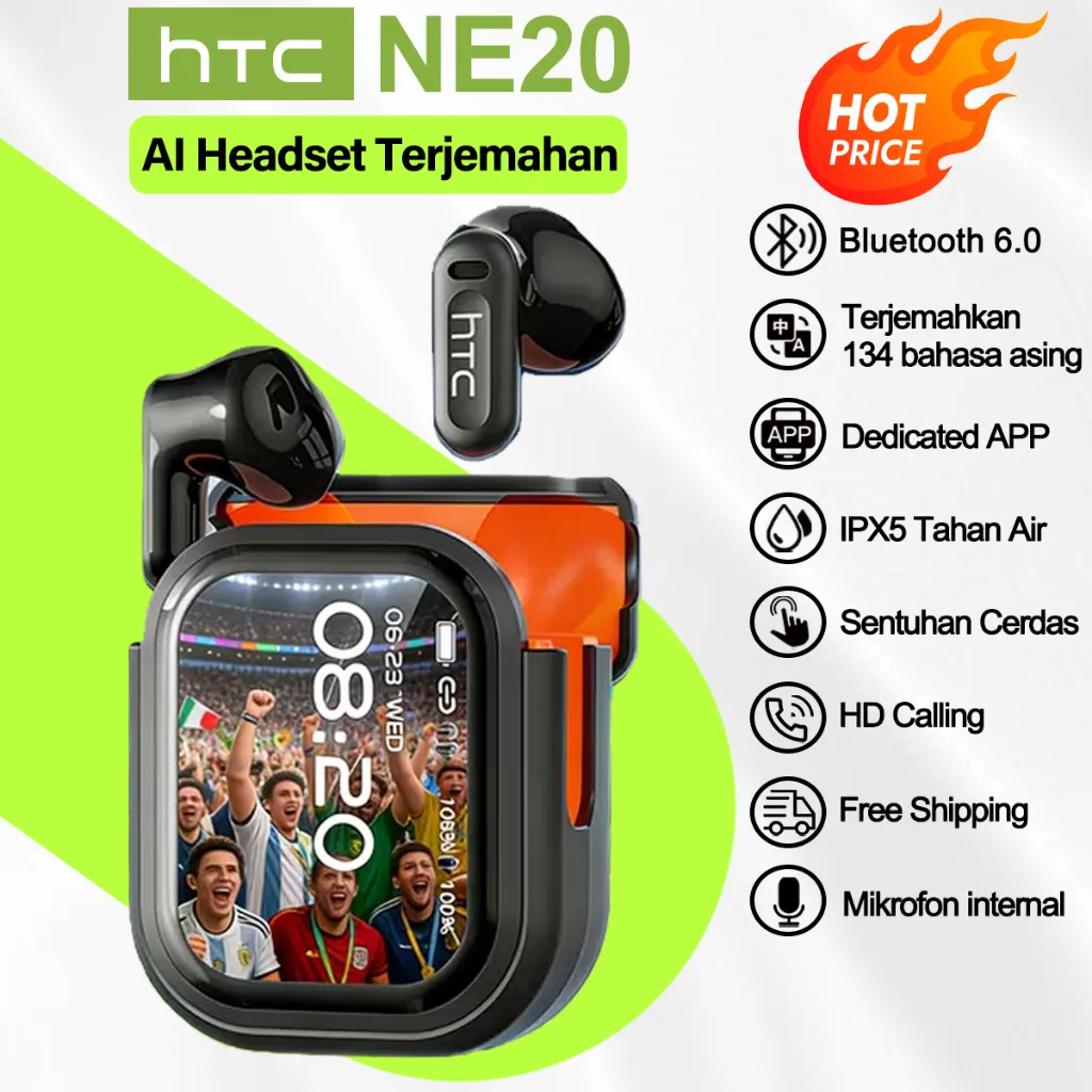 HTC NE20 Headset terjemahan AI True Wireless Bluetooth V6.0 In-Ear earphone MINI earbuds In-Ear TWS dengan layar headset olahraga earphone sport IPX5 HI-FI