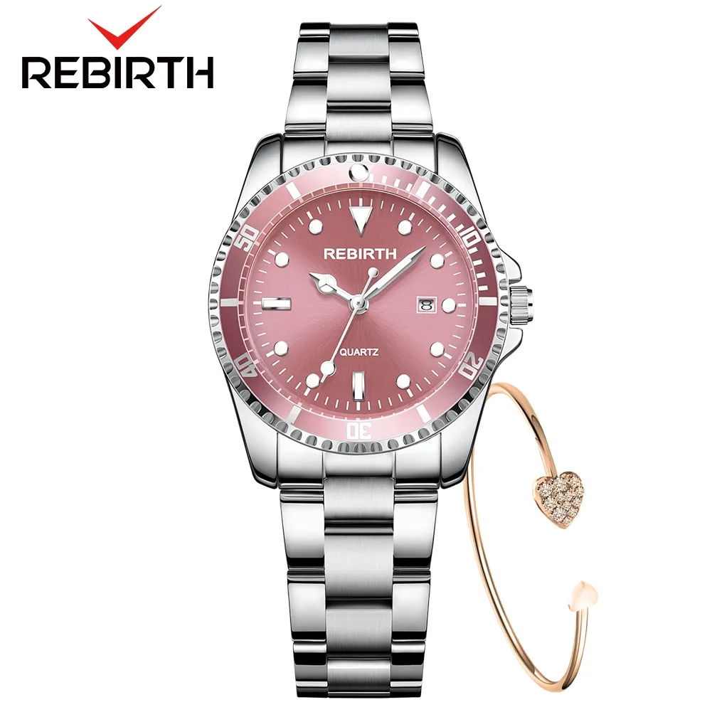 REBIRTH Jam Tangan Wanita Original Bisnis Mode Tali Stainless Steel Otomatis Date Anti Air Jam Tangan Cewek
