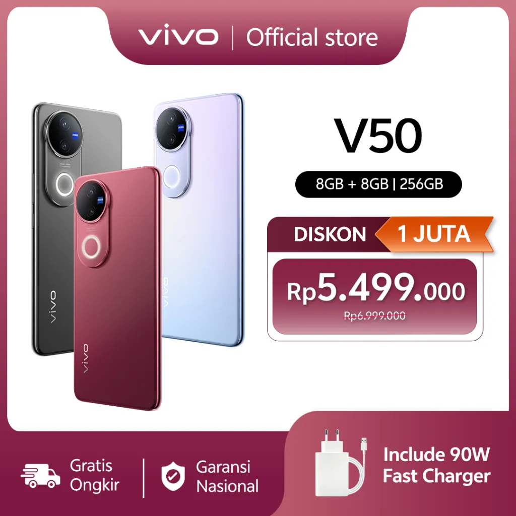 [ONLINE EXCLUSIVE] vivo V50 5G (8/256) Rounded-edge Design, ZEISS Group Potrait, 6000mAh Battery+90W Flashcharge, IP68+IP69, vivo AI  Color: Harmony Red, Solid Black