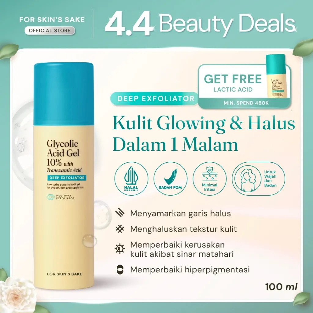 For Skin's Sake FSS Glycolic Acid Gel 10% with Tranexamic Acid Exfoliating and Multiway Toner AHA Serum AHA Masker AHA 3in1 AHA Treatment Peeling Serum Gel Mengurangi Garis Halus dan Kerutan Exfoliating and Brightening Overnight