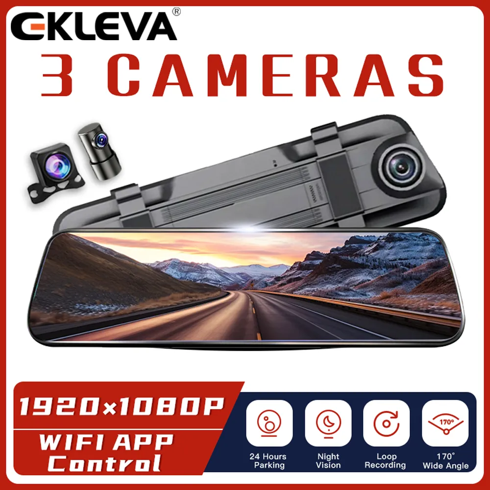 EKLEVA Dashcam Mobil 3 Kamera HD 1080P 10 Inci Layar IPS Sentuh DVR Mobil Ada G-Sensor Night Vision