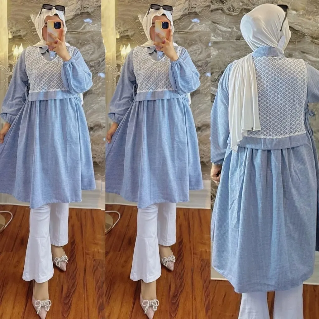 Vallina Outfit - Sabira Tunik Atasan Wanita Muslim All Size Fit To XL Besar Matt Katun Salur Premium OOTD Casual Daily