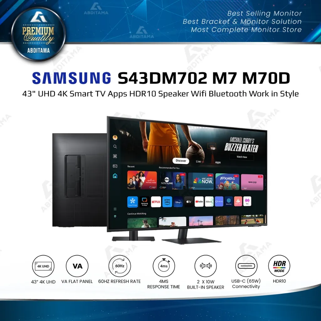 SAMSUNG Smart Monitor M7 M70D S43DM702 43" VA 4K 2160p 60Hz USB-C 65w HDMI2.0x2 Wifi Speaker Tizen