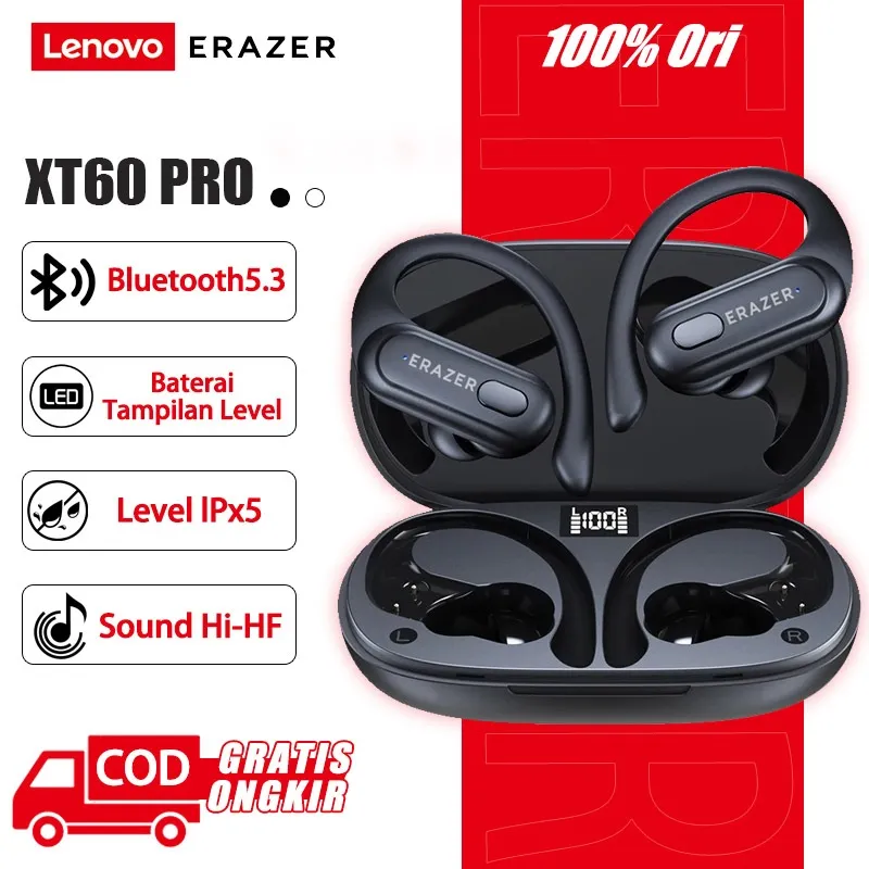 Lenovo ERAZER XT60 PRO Headphone Nirkabel TWS Bluetooth 5.3 Olahraga Tahan Air Earphone Stereo Earhook Earbud Pengurangan Kebisingan dengan Mikrofon