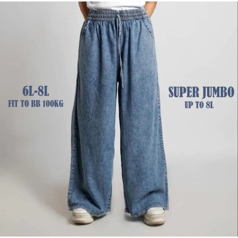 DLINE Celana Kulot Highwaist Panjang Jeans Wanita Fit  100 kg Jumbo Pinggang Karet Coco