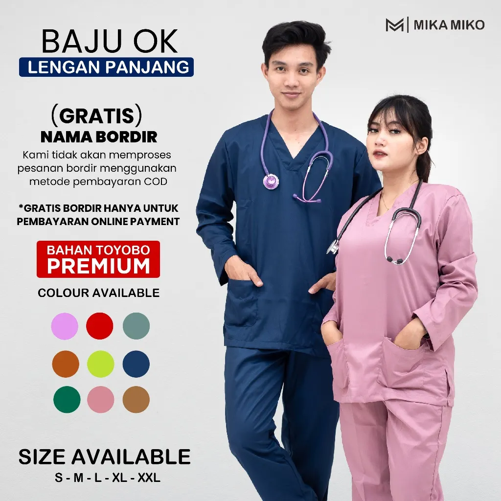 Baju OK Lengan Panjang ( GRATIS NAMA BORDIR ) Scrub Dokter Perawat Baju Jaga medis Bahan Toyobo Premium