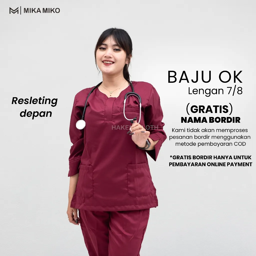 MIKAMIKO- Baju OKA Lengan 7/8 (GRATIS NAMA BORDIR) Scrub Dokter Perawat OK Medis Resleting Depan