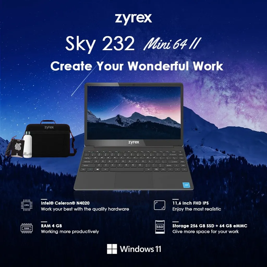 ZYREX SKY 232 MINI N4020 4GB 256GB+64GB W10 11.6FHD BT 2Y BLACK GREY