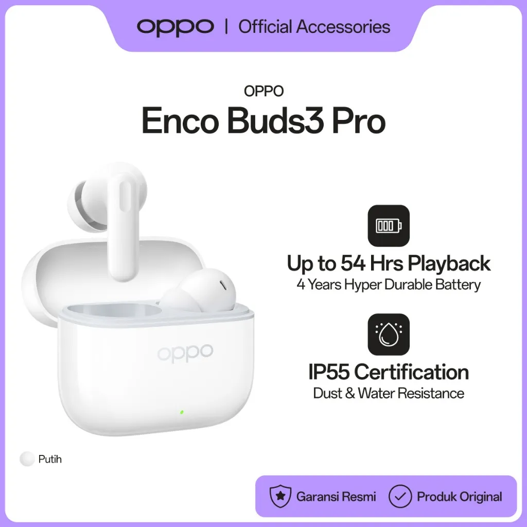 OPPO Enco Buds3 Pro True Wireless Earbuds White [Up to 54 hours Playback, IP55 Certification] - OPPO Official Accessories