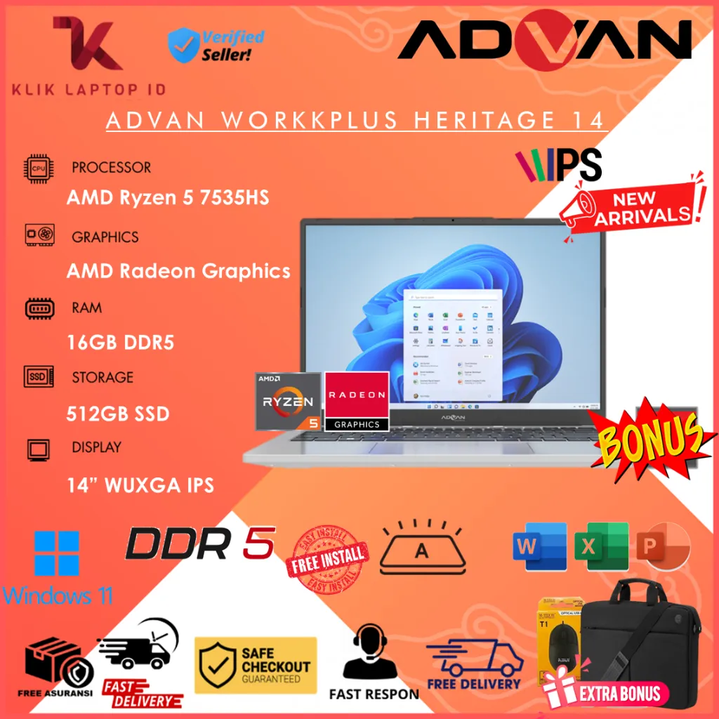 Laptop Advan WorkPlus Heritage 14 Amd Ryzen 5 7534HS 16GB 512GB 14 Inch Wuxga Ips Win11Home Resmi