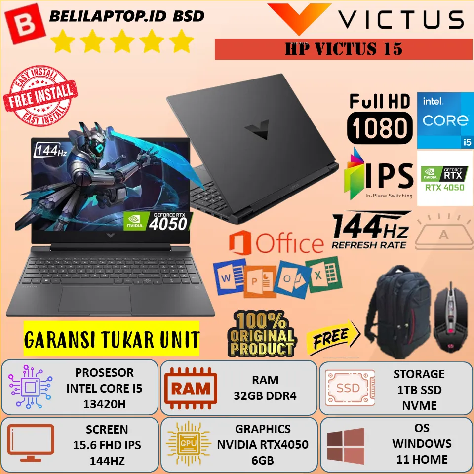 Laptop Gaming HP Victus 15 Intel Core i5 13420H Ram 32GB DDR4 1TB SSD 15.6'' FHD IPS 144Hz RTX4050 Windows 11