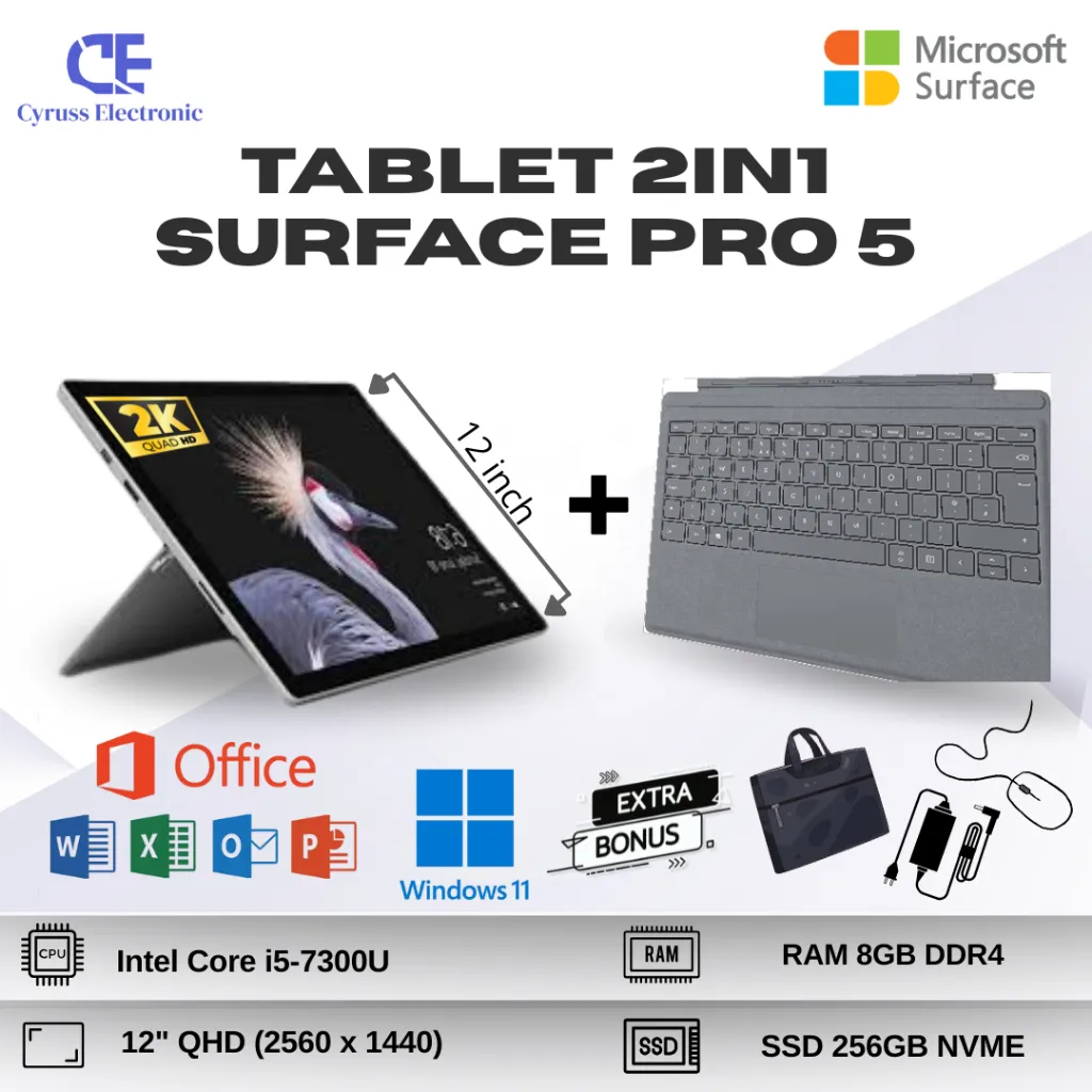 Laptop Microsoft Surface Pro 5 2in1 Tablet Core i5 7th Gen RAM 8GB SSD 256GB Layar 13in Touchscreen 2k QHD | Keyboard lepas-pasang