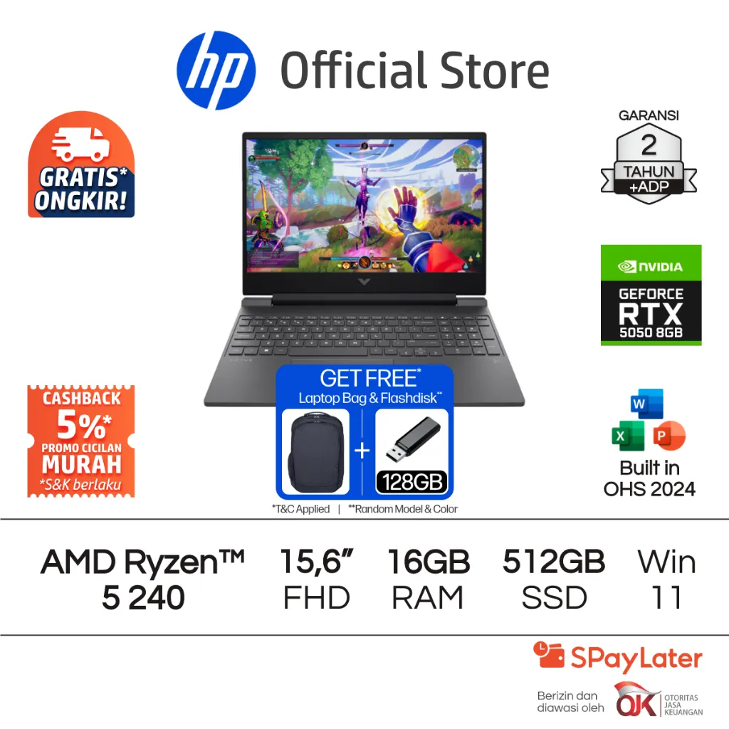 Victus Laptop Gaming HP AMD Ryzen 5 NVIDIA GeForce RTX 5050 16GB RAM 512GB SSD Silver Free Windows 11 Home 15.6 Inch 144Hz Garansi 2 Tahun Promo Murah Gratis Ongkir Official Non Second