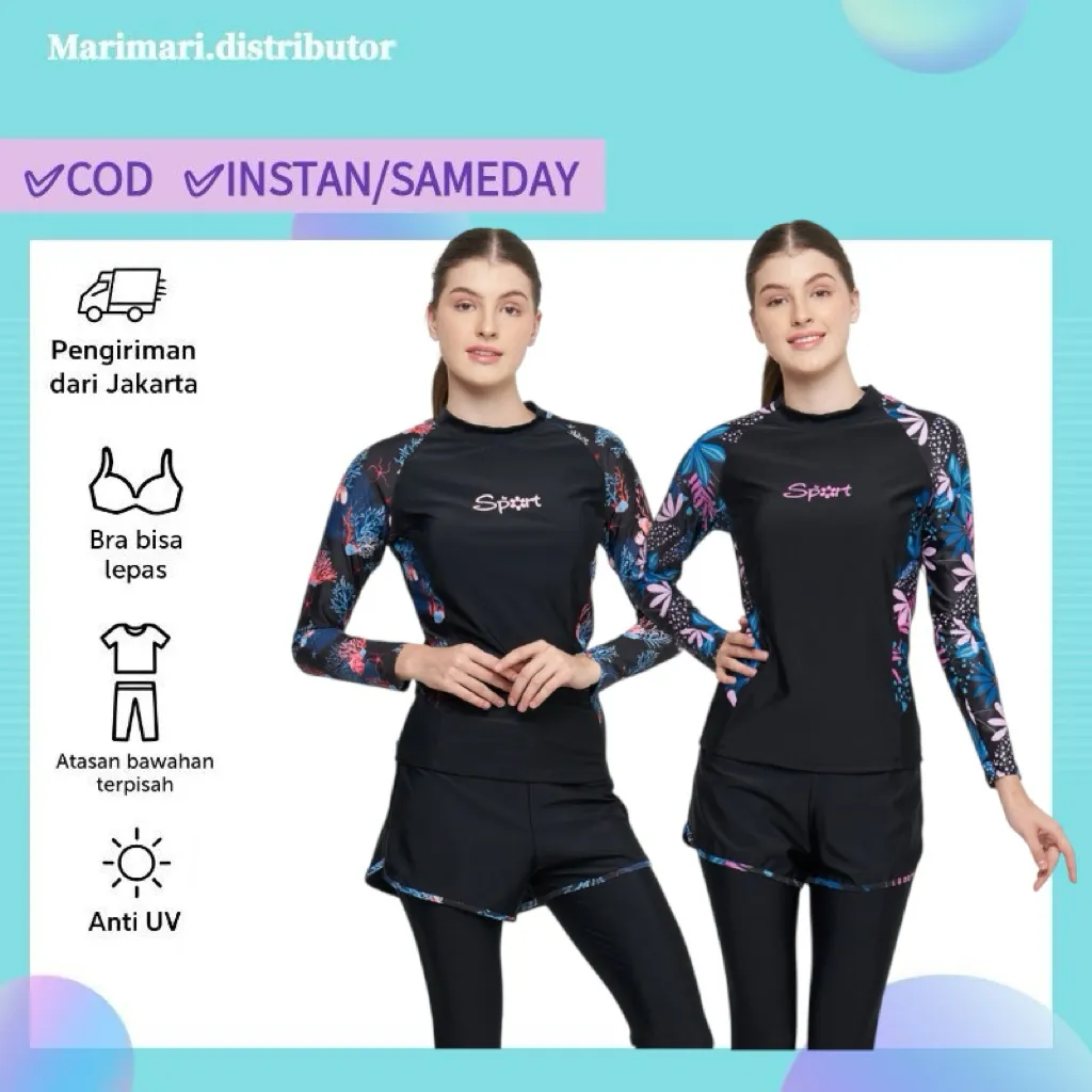31012 Baju renang dewasa lengan panjang cewek wanita satu set murah celana panjang pakaian antiuv