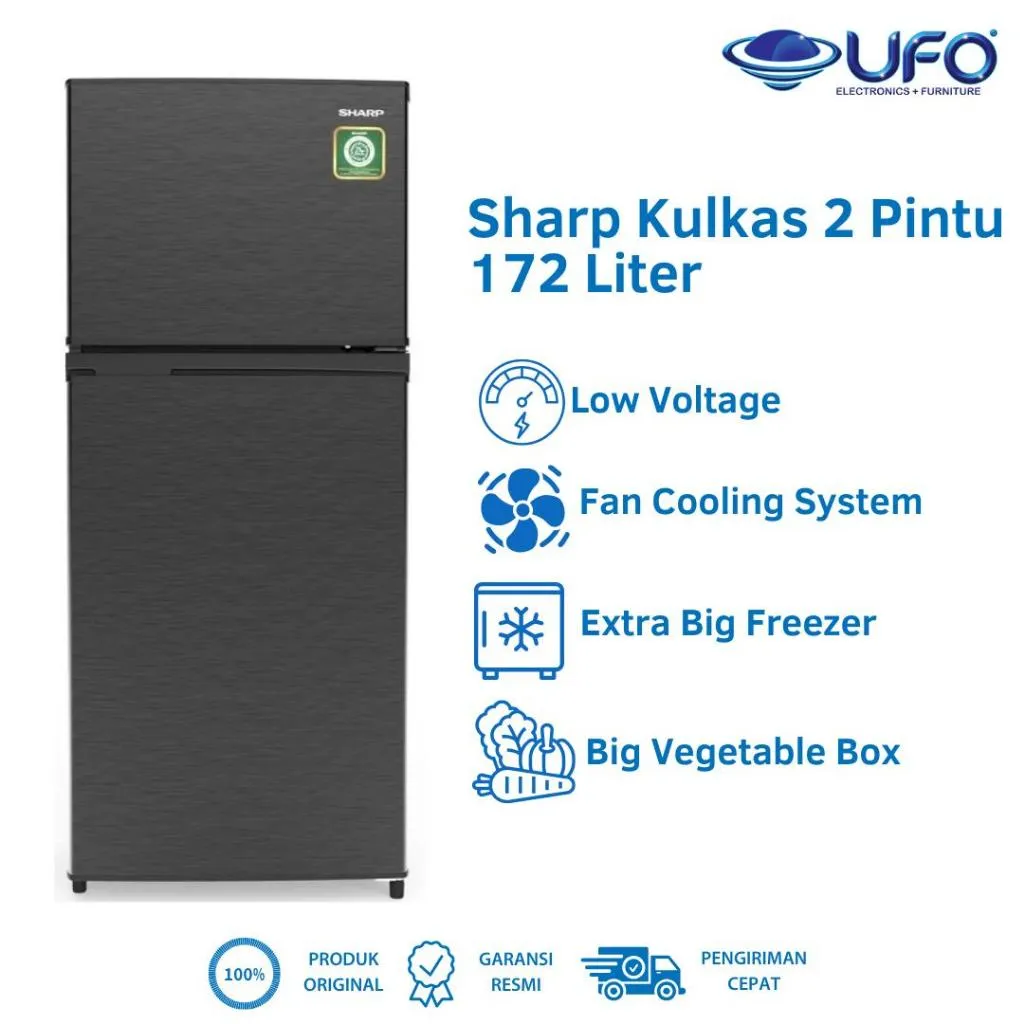 Sharp SJ-195MNHS Kulkas 2 Pintu 172 Liter Low Watt Fan Cooling Mega Freezer