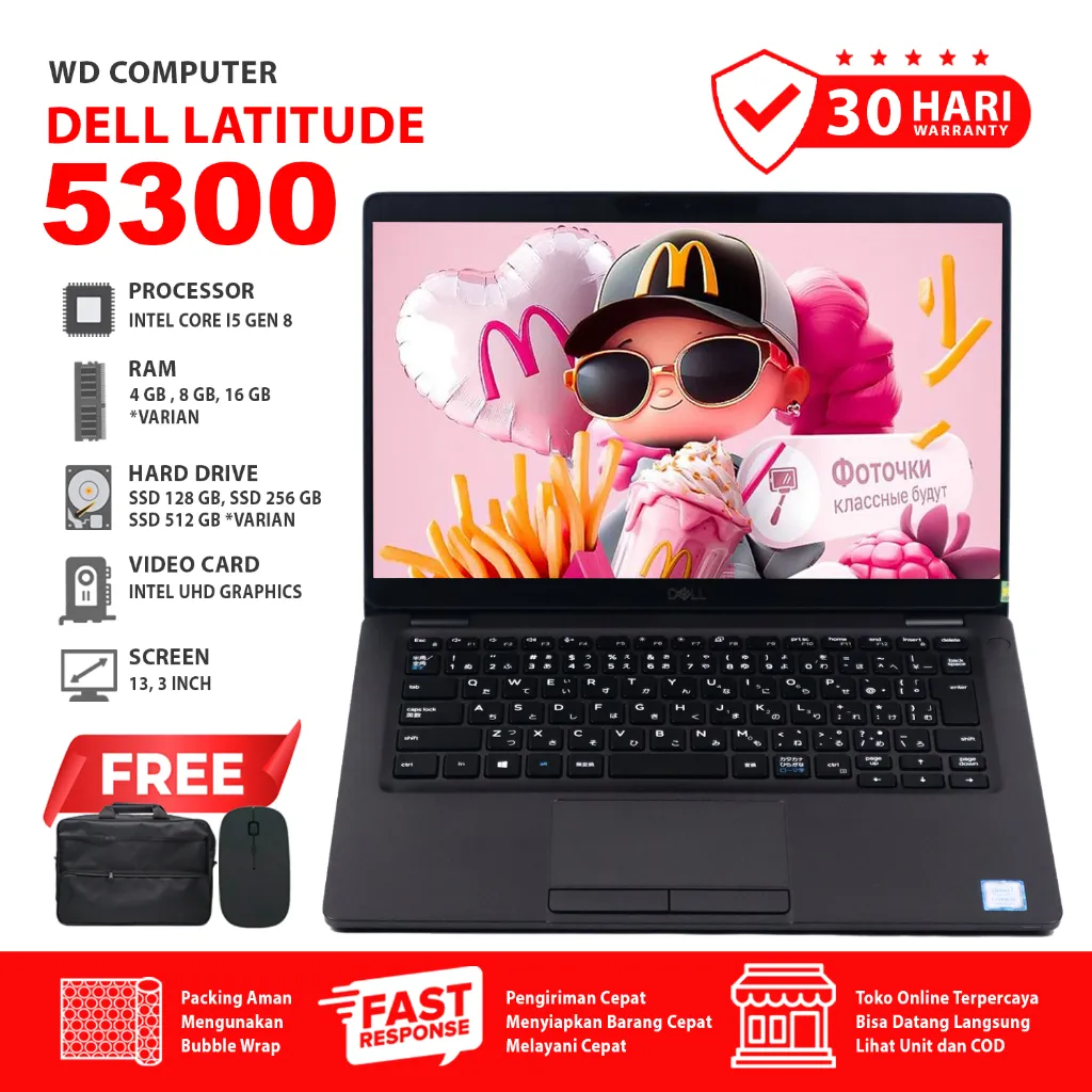 Laptop Kuliahan Dell Latitude 5300 core i5 gen 8 | Layar 13 inch | Windows 10 | Bonus Tas dan Mouse