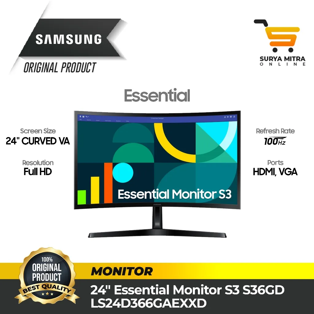 Monitor Samsung 24" S24D366 Curved Essential FHD VA S36C LS24D366GAEXXD
