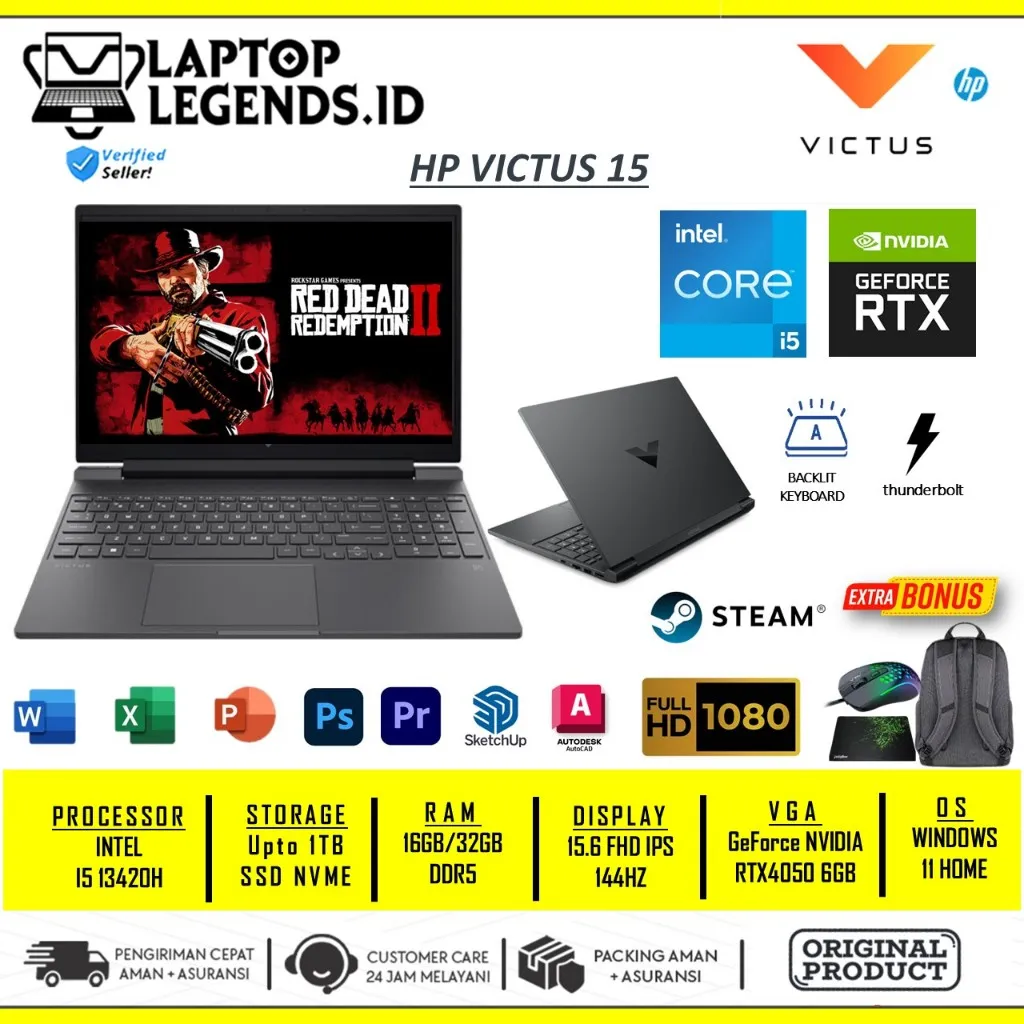 Laptop Gaming HP VICTUS 15 Intel Core i5 13420H RAM 32GB 1TB Geforce RTX4050 6GB FHD IPS 144Hz Windows 11 Home