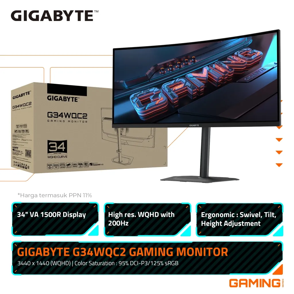 Gigabyte G34WQC2 Gaming Monitor 34 Inch VA 1500R 3440 x 1440 WQHD 200Hz 95% DCI-P3 125% sRGB