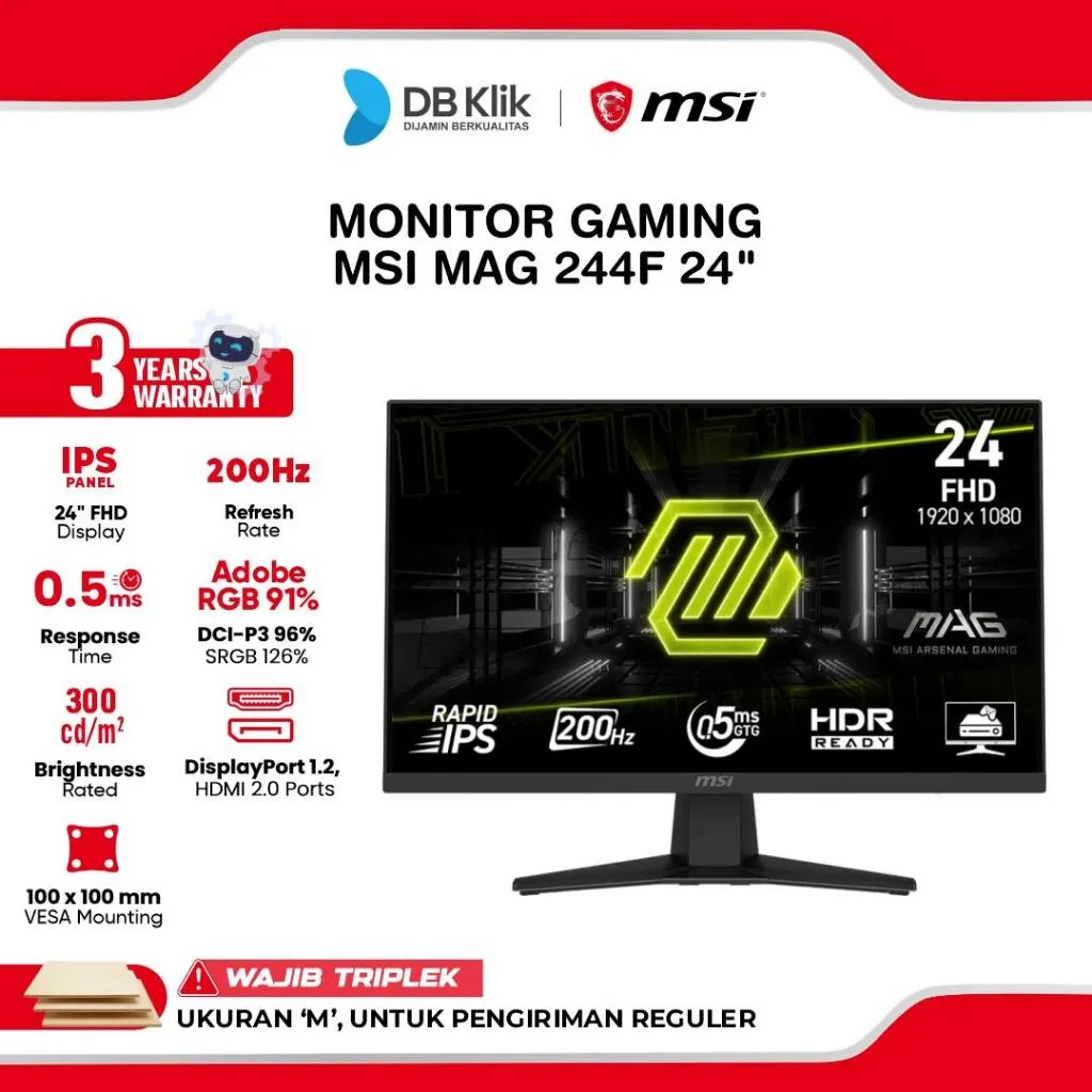 MSI LED Monitor Gaming MAG 244F 24" IPS FHD 200Hz 0.5ms AMD FreeSync HDMI DP