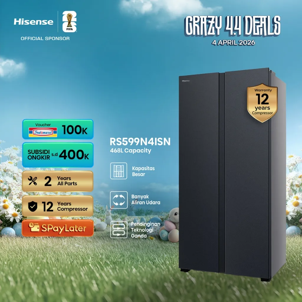 Hisense Kulkas RS599N4ISN Refrigerator Side By Side Kapasitas 468L Warna Abu Inverter Pro Tanpa Bunga Es Multi Air Flow Streamline Metal Handle Precise Electronic Control Super Freeze & Cool LED Lighting