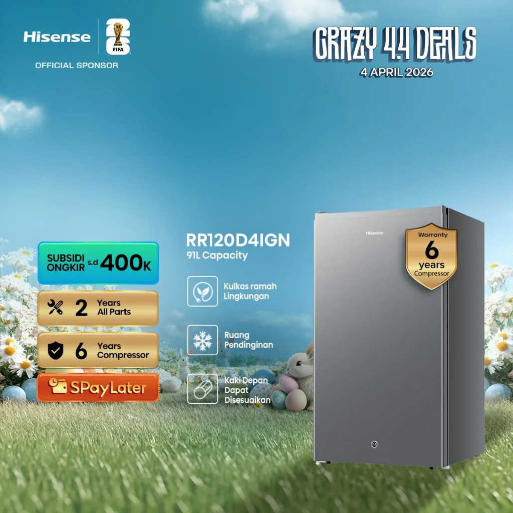 Hisense Kulkas RR120D4IGN Refrigerator Mini Bar Kapasitas 91L 1 Pintu Warna Black 2L Rak Muat Ukuran Botol Ramah Lingkungan Ruang Pendinginan Kaki Depan Dapat Disesuaikan Compact Size Separate Chiller