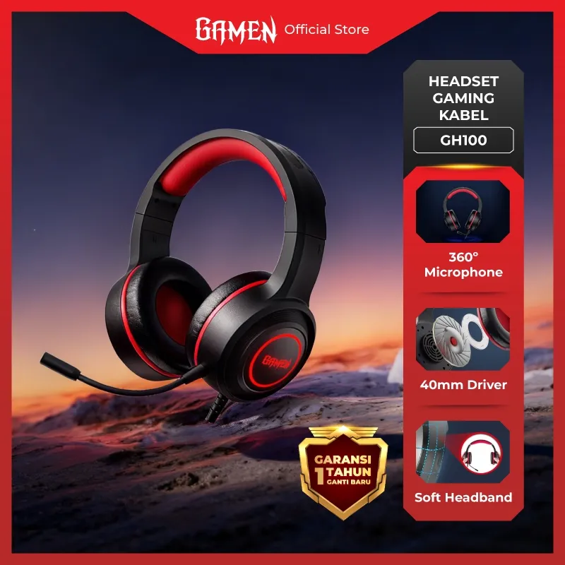 GAMEN Headset Gaming GH100 40mm Driver 3D Surround Sound USB/AUX 3.5mm Soft Headband Mic 360° Headset Kabel Full Bass Untuk PC Handphone Laptop Headphone Gaming Original