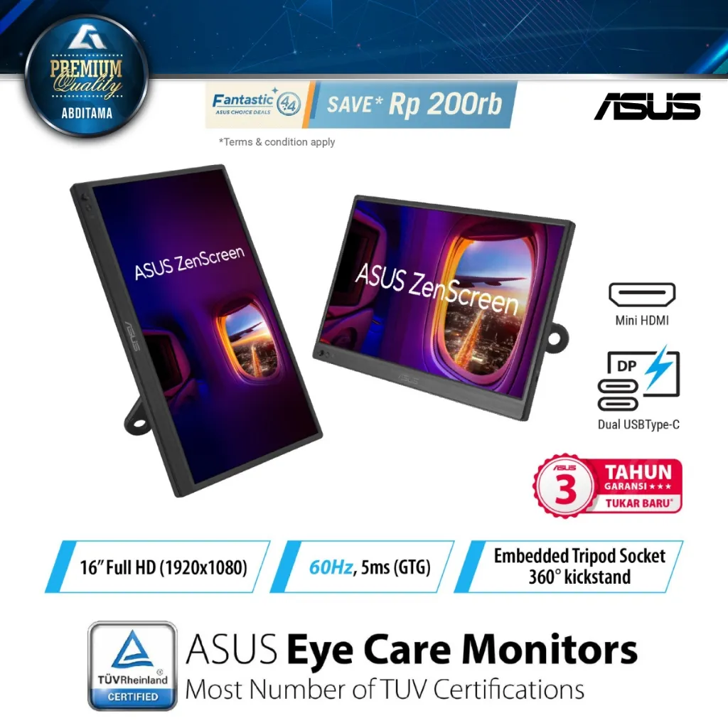 ASUS ZenScreen MB169CK 15.6" IPS FHD 1080p 60Hz USB-Cx2 Mini HDMI Eye Care