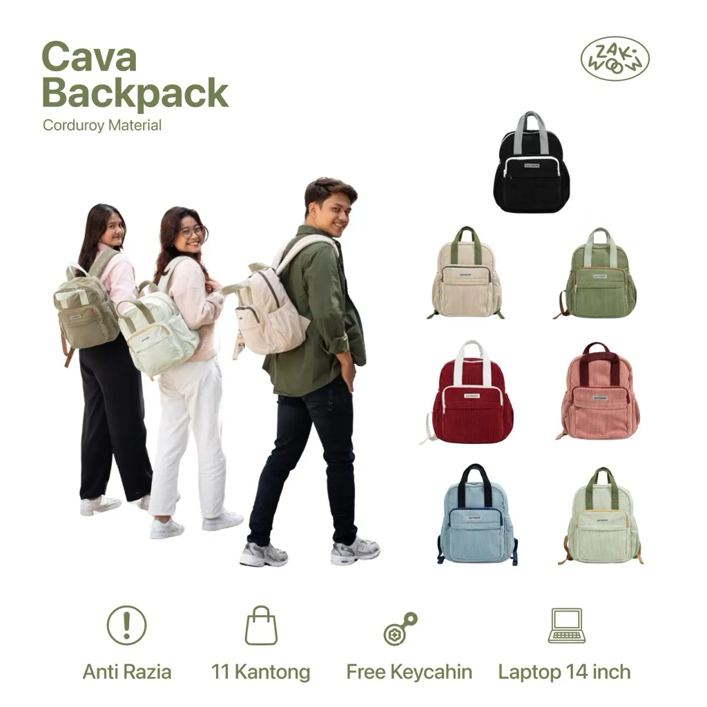 Zakwoowstyle Cava Backpack Medium | Ransel Medium Sekolah | Ransel Kuliah FREE KEYCHAIN (bundling tulis di notes warna raincover)