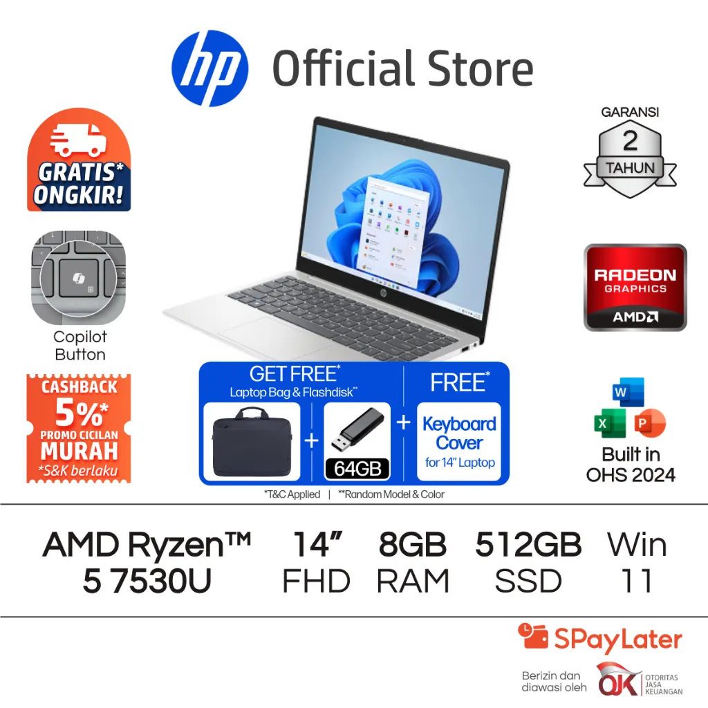 Laptop HP AMD Ryzen 5 Radeon 8GB RAM 512GB SSD Silver / Gold Windows 11 Home 14 Inch Garansi 2 Tahun Promo Murah Gratis Ongkir Official Non Second