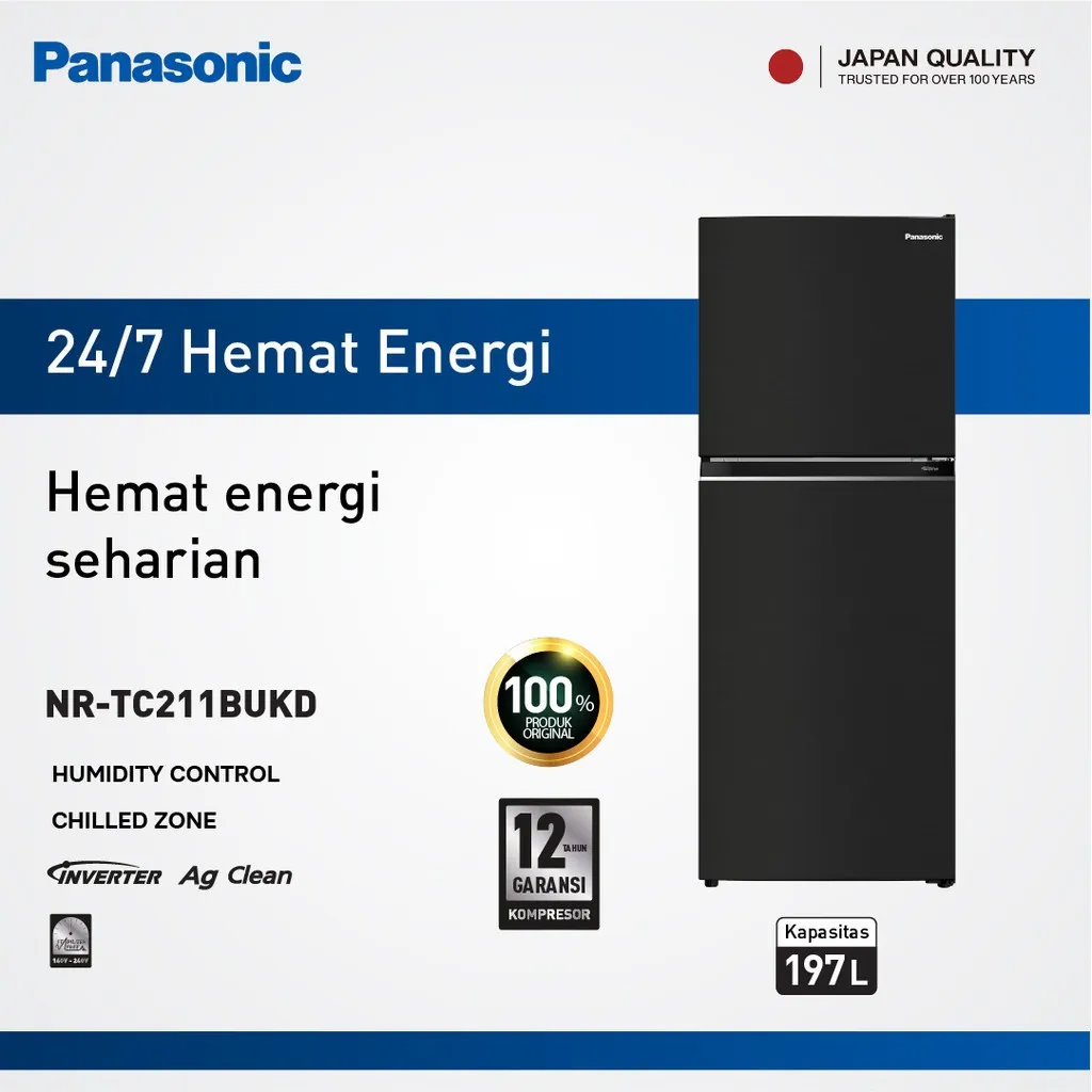 Panasonic Kulkas 2 Pintu 197L NR-TC211BUKD Inverter | Chilled Zone | Ag Clean Anti Bau | Low Voltage 140V