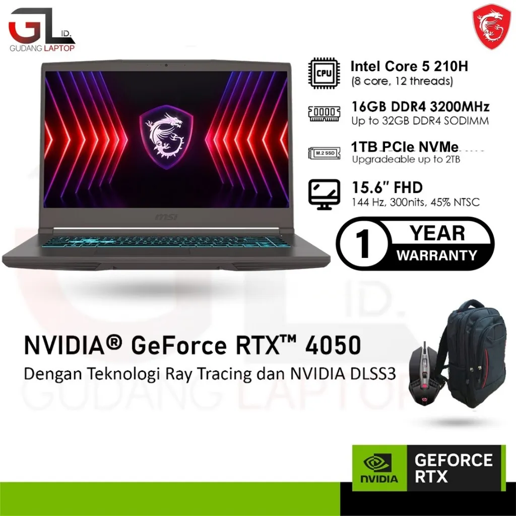 MSi Thin 15 B2RVE Intel Core i5 210H Gen14 RAM 32GB 2TB RTX4050 6GB 15.6 FHD IPS 144Hz Win 11 Home