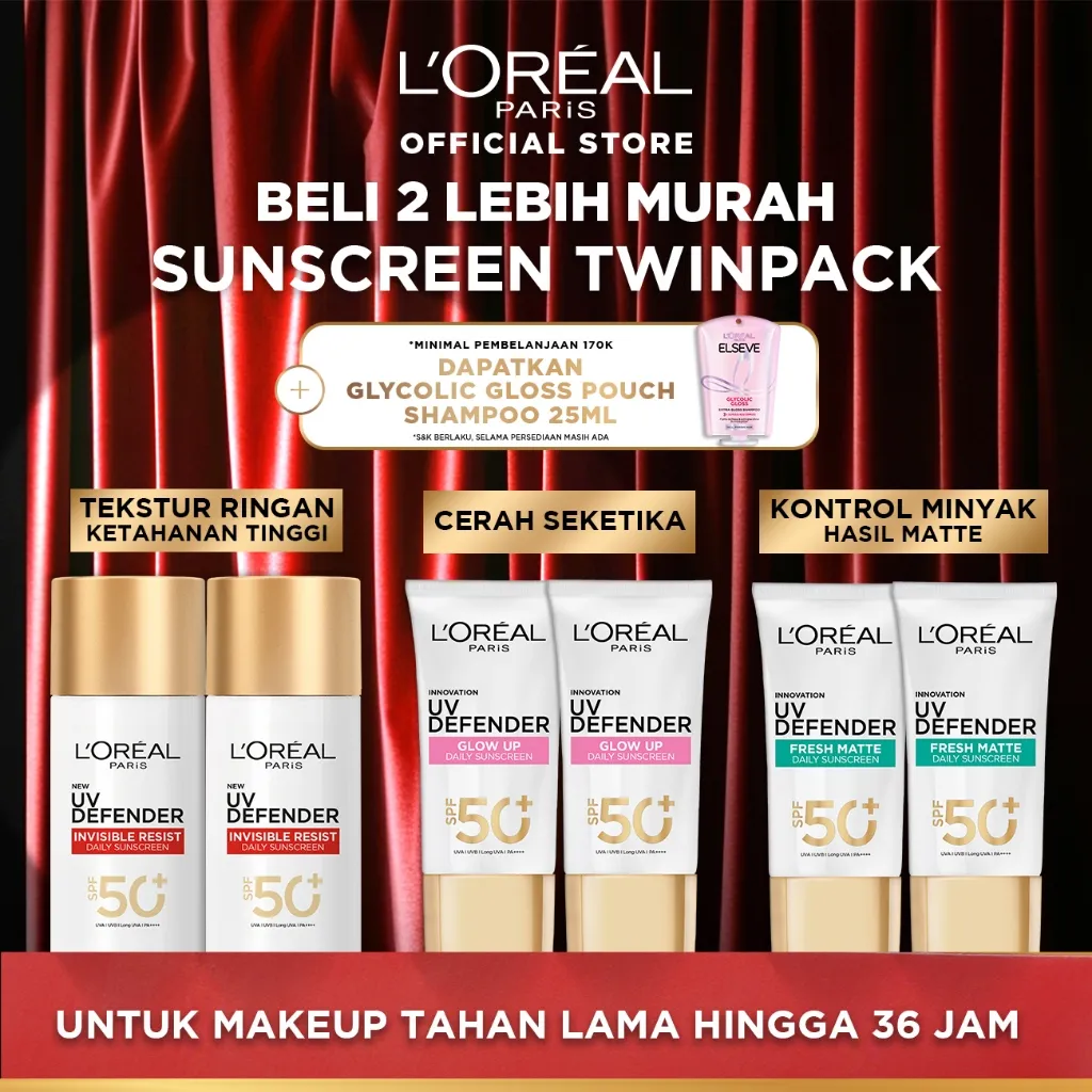 [BUY 1 GET 1] L'Oreal Paris UV Defender Serum Protector Sunscreen SPF 50+ / PA ++++ Skin Care - 50ml Twinpack (Untuk Mencegah Kulit Tampak Tua 5 Tahun & Melembapkan) | Fresh Matte, Glow Up, Invisible Resist 50ml Kulis kusam, garis halus,