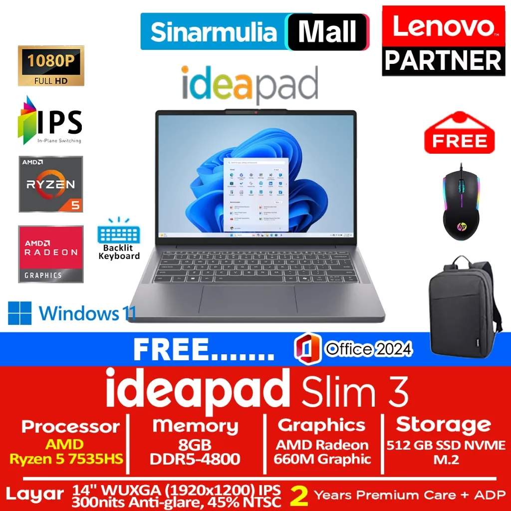 Lenovo Ideapad Slim 3 Ryzen 5 7535HS 512GB SSD 8GB WUXGA IPS Win11+OHS